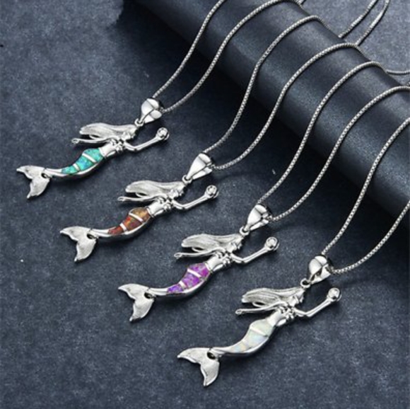 925 Silver Mermaid Green Fire Opal Necklace - Picture 2 of 4